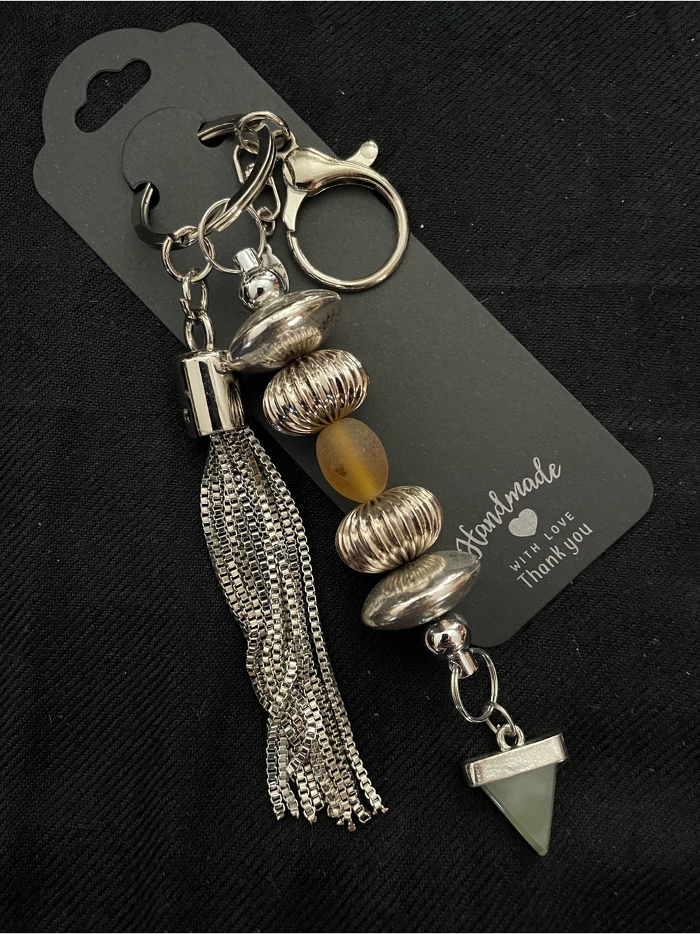 Silver-Tone Tassel Keychain with Amber Bead and Green Triangle Crystal Charm